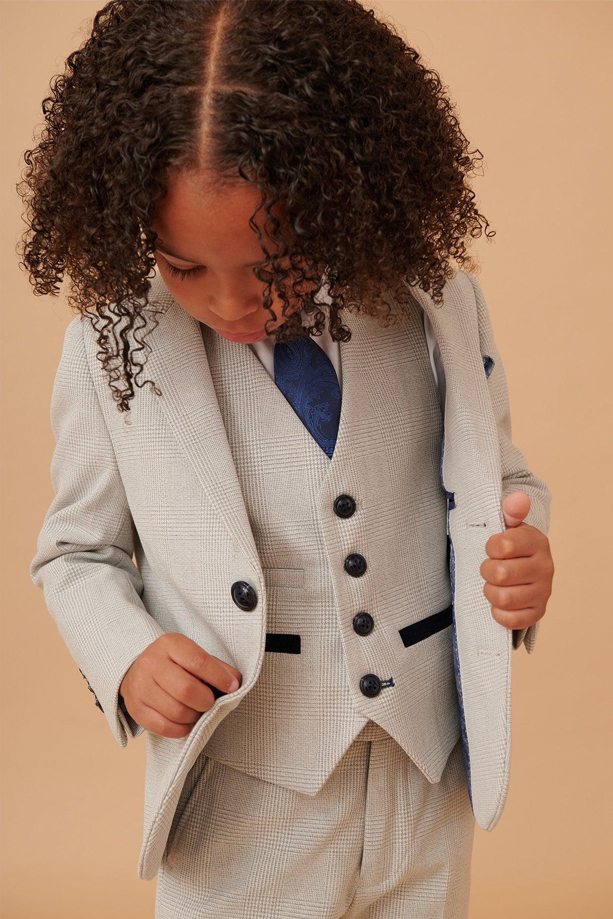 BROMLEY - Children's Stone Check Print Three Piece Suit - Image 7