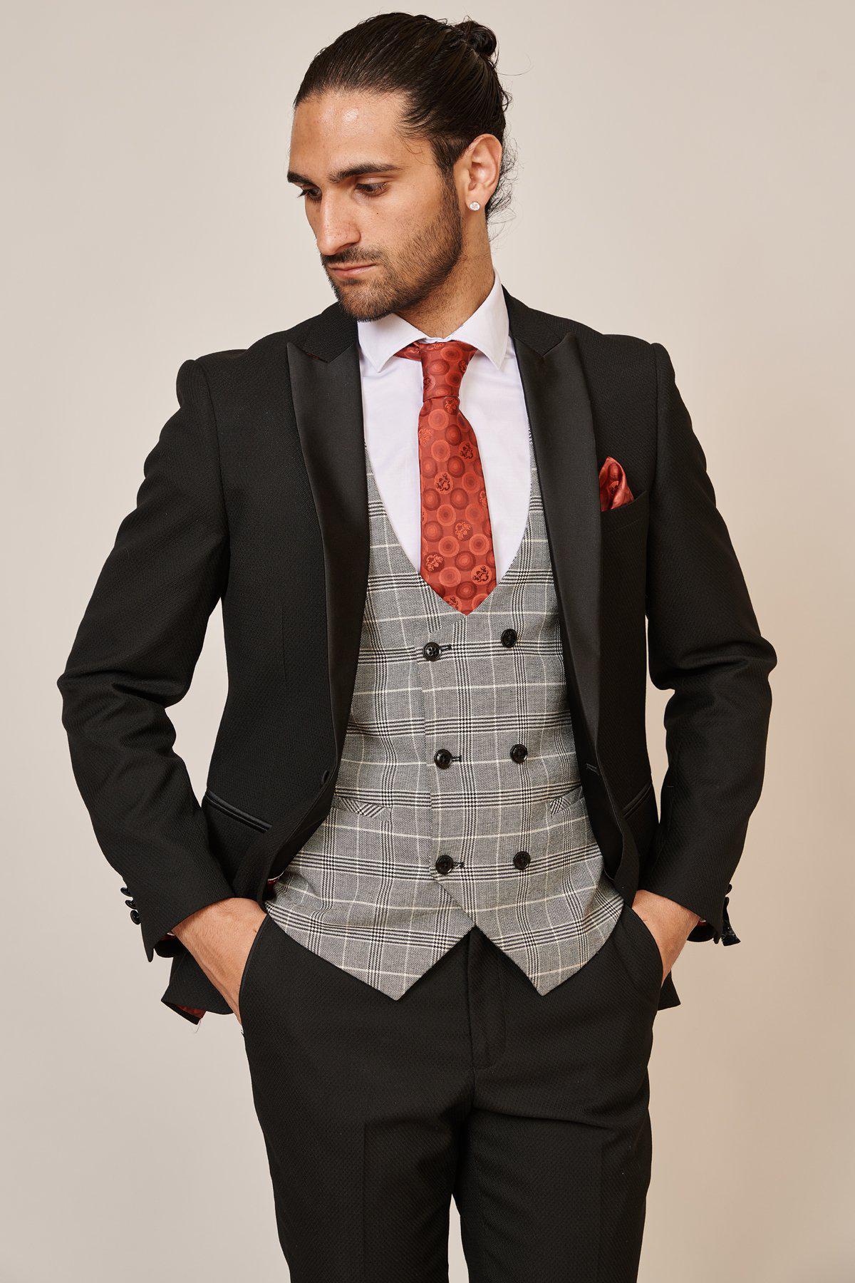 DALTON - Black Tux Lapel Suit With Ross Waistcoat - Image 4