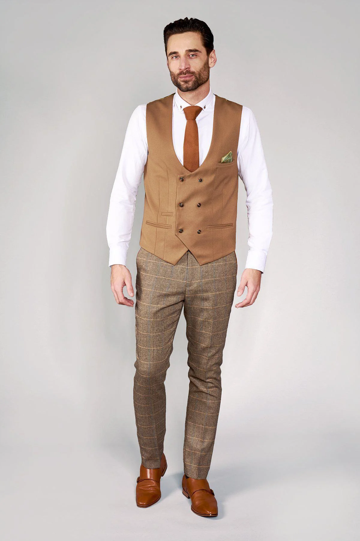 KELLY - Tan Double Breasted Waistcoat - Image 3