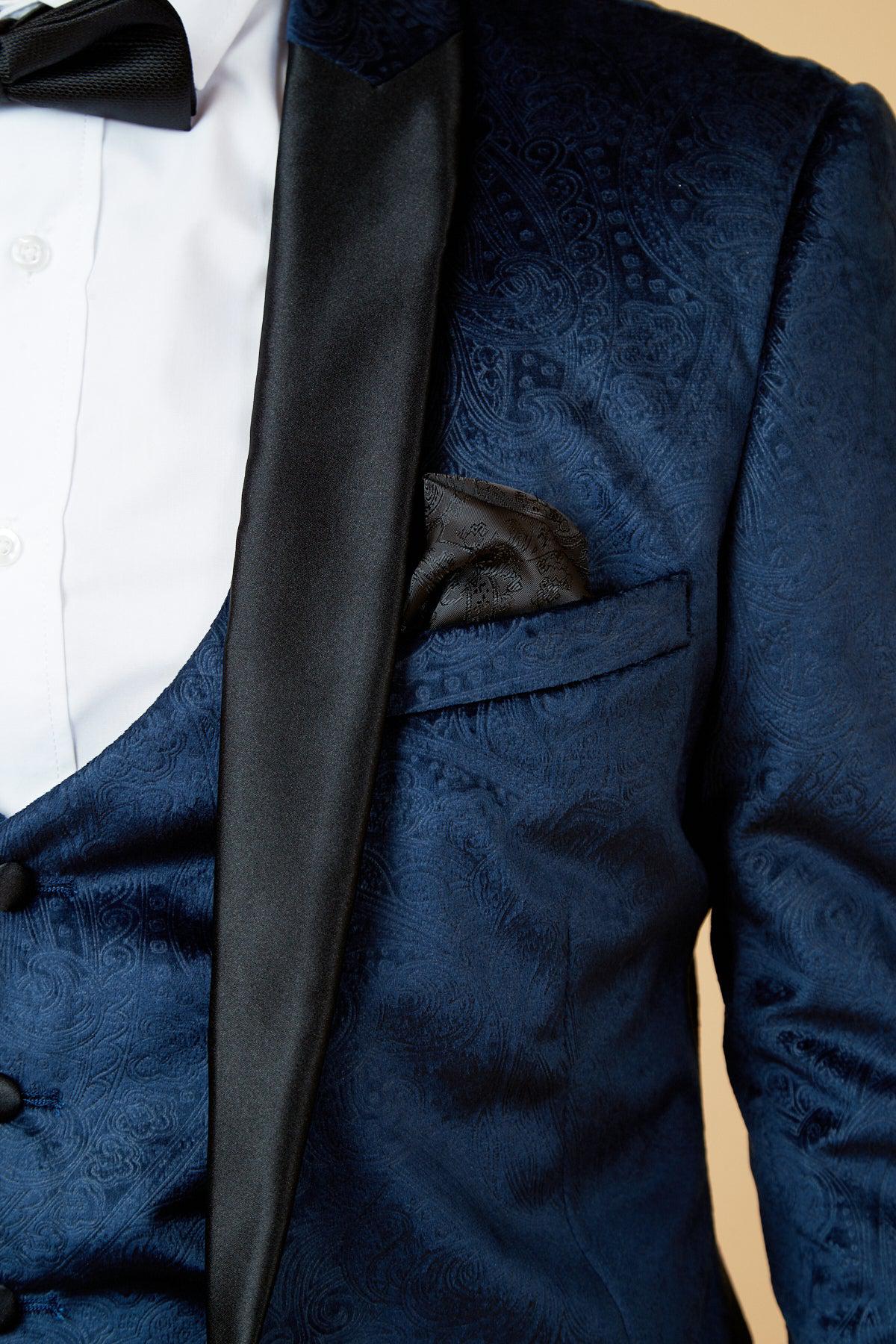 SIMON - Velvet Navy Tux Lapel Jacquard Blazer - Image 5