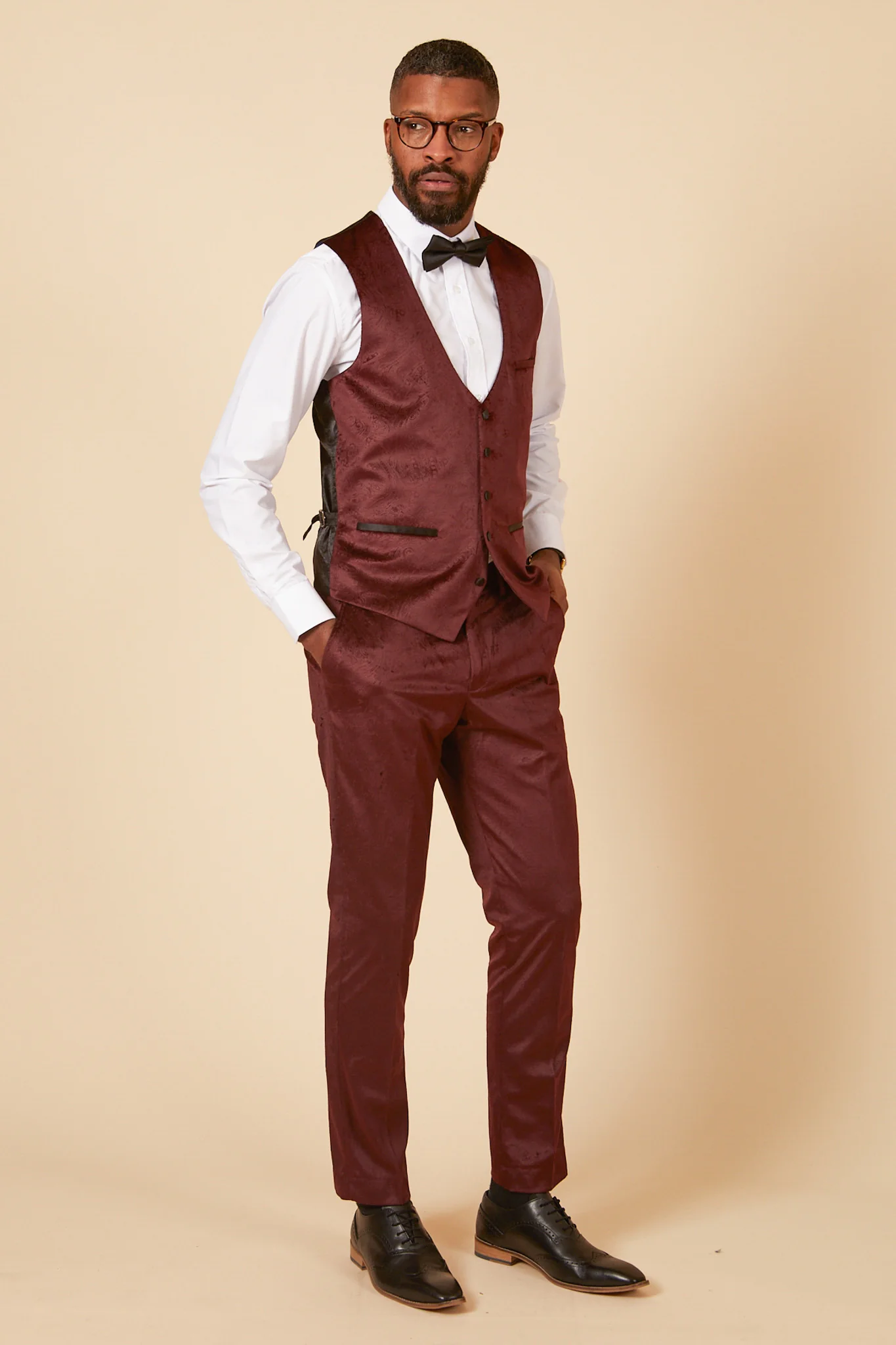 SIMON - Wine Velvet Jacquard Three Piece Suit - Image 3