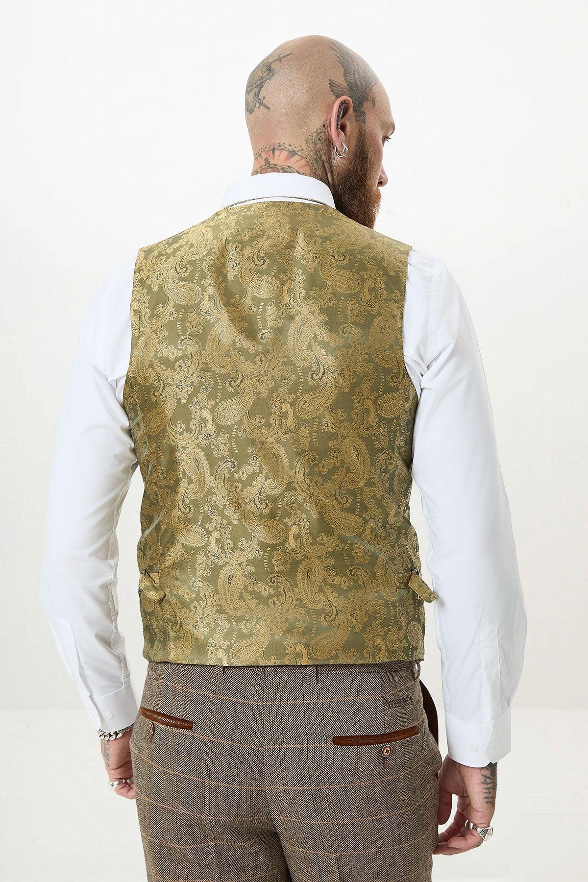 TED - Tan Tweed Check Three Piece Suit with Double Breasted Waistcoat - Image 12